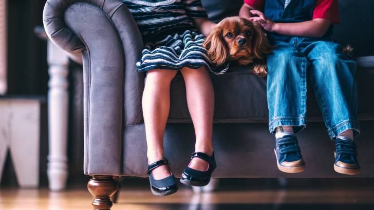 children sitting on a couch with their dog