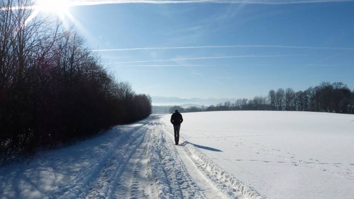 man walking sunny day cold snow