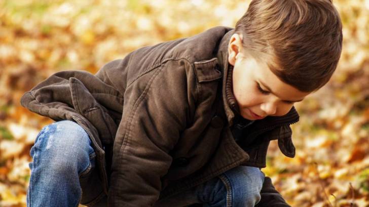 young boy playing in fallen leaves