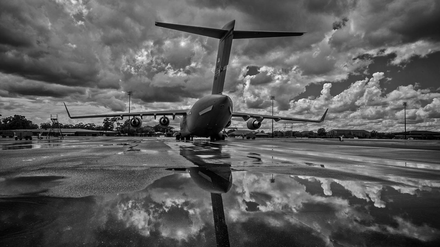 aircraft landing amid clouds