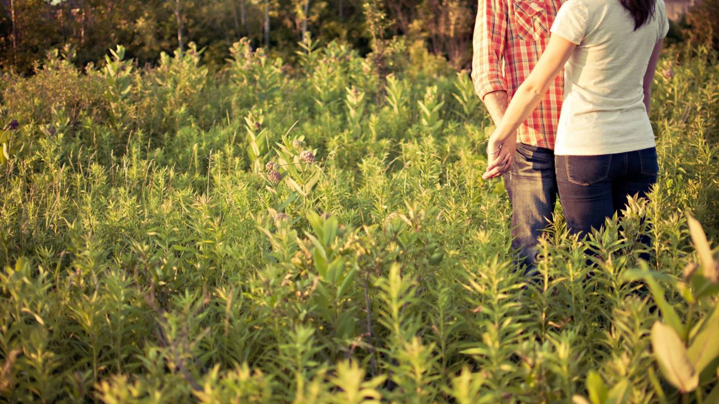 couple hugging in a field of flowers