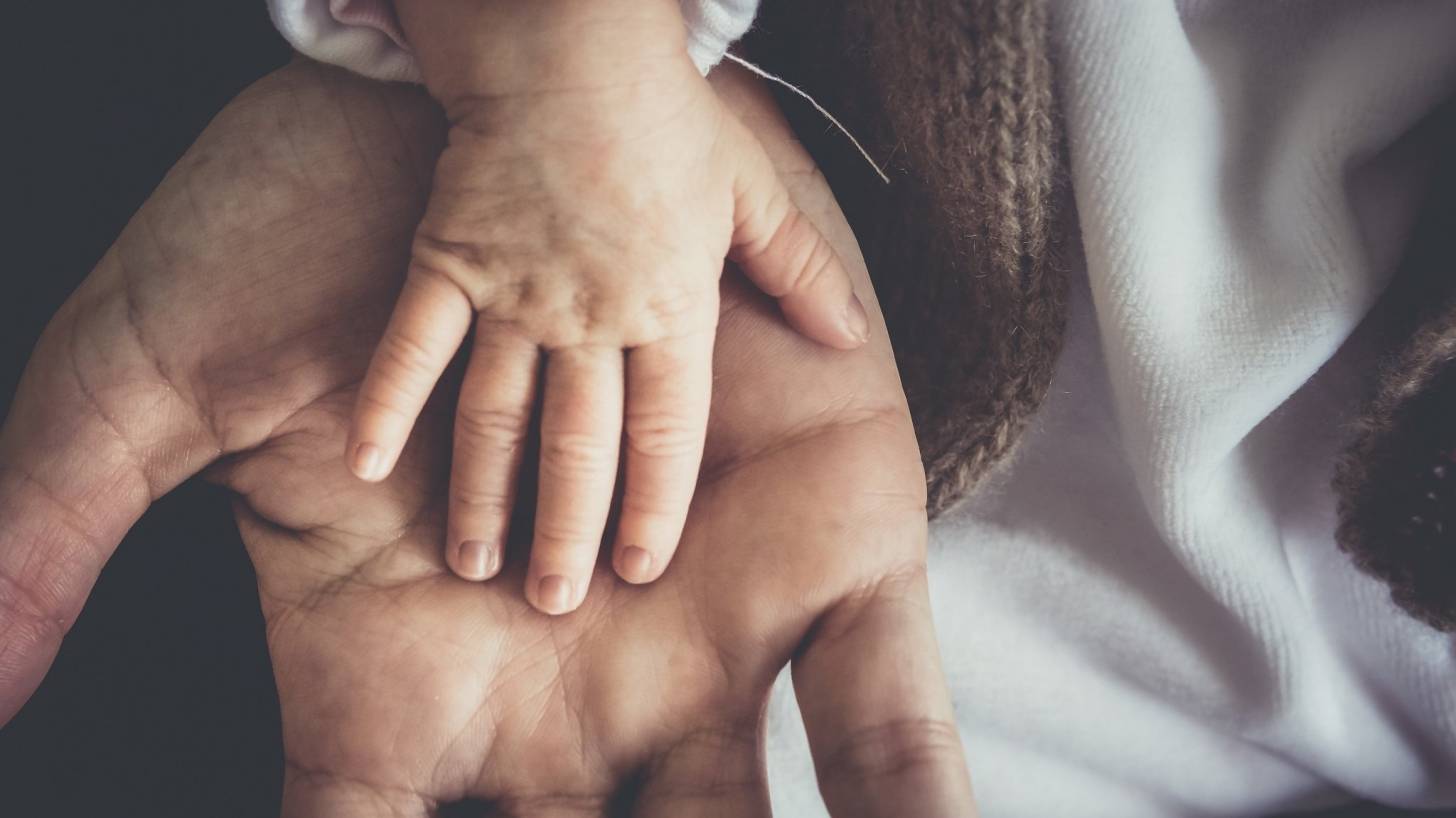 dad holding the hand of his toddler