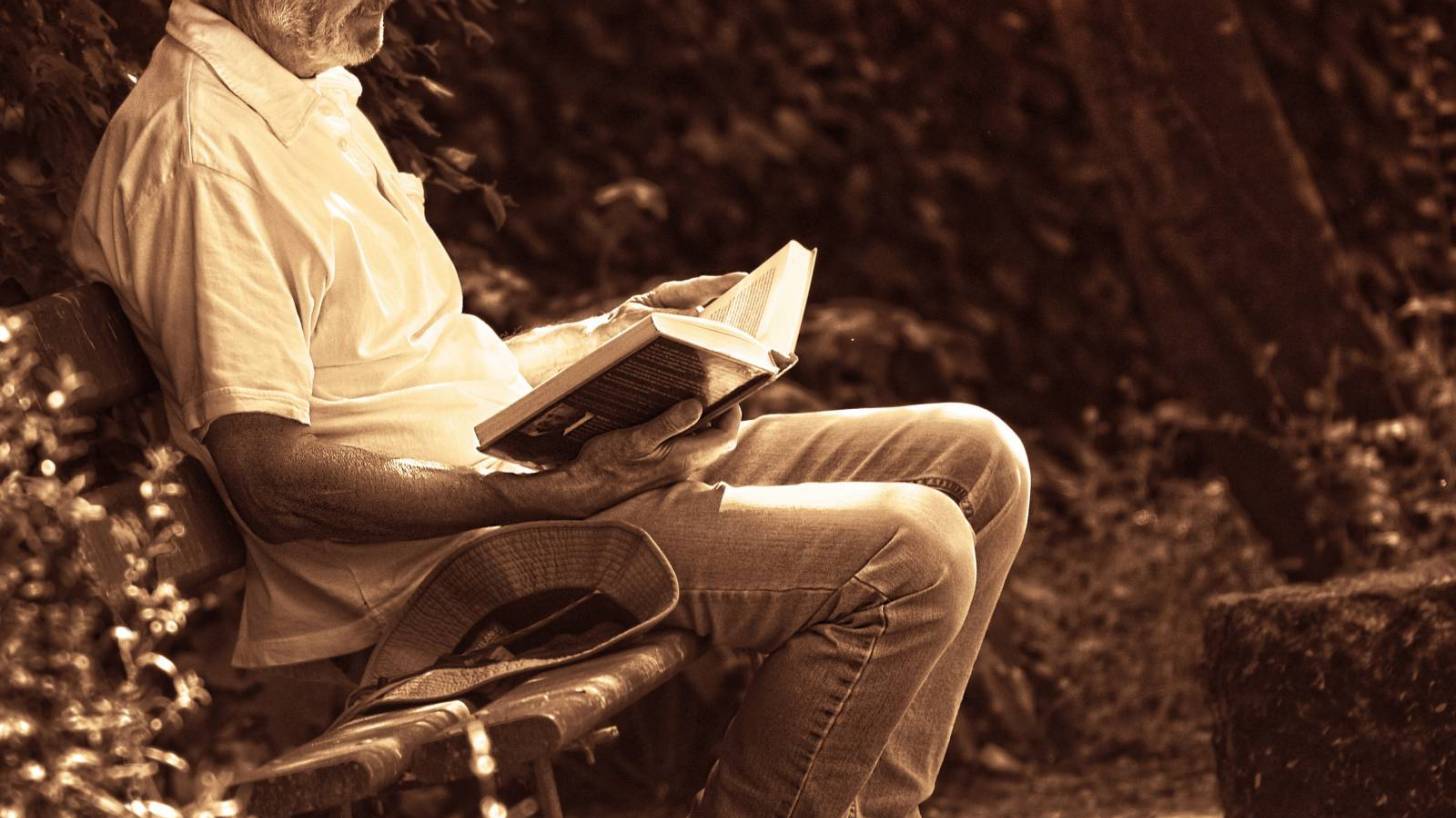 older man reading  a book in a garden