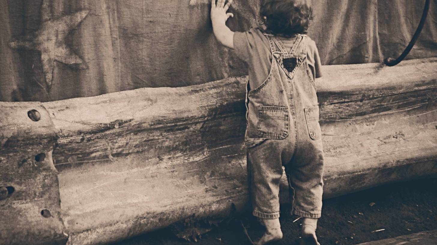 toddler looking through a fence