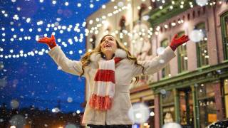 happy lady, lights in a winter scene