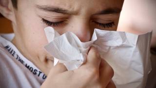 boy sneezing into a hankie