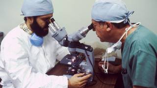 scientists looking through a microscope