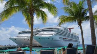 2 cruise ships outside a tropical port